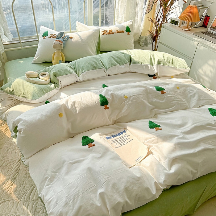 91家纺网 家纺一手货源 找家纺 （总）眠帛家居 2024新款水洗棉奶油小清新毛巾绣四件套早春系列