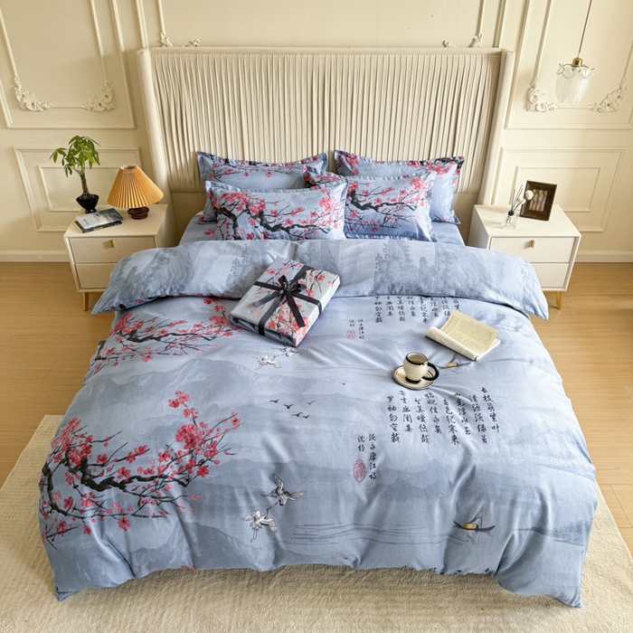 91家纺网 家纺一手货源 找家纺 优尚家纺 2025新款亲肤磨毛新国风大版系列四件套 水墨梅亭