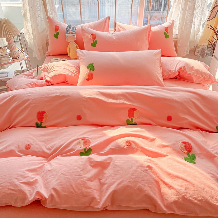 91家纺网 家纺一手货源 找家纺 眠帛家居 2024新款水洗棉奶油小清新毛巾绣四件套早春系列 郁金香奶油粉