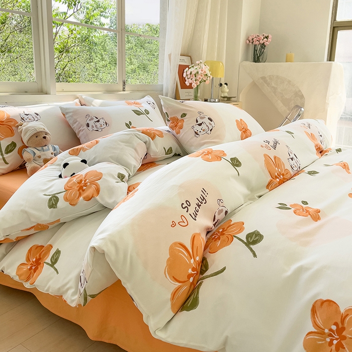 91家纺网 家纺一手货源 找家纺 乐萱家纺 2024新款水洗云朵棉被套小清新超柔印花单被套 爱心猫咪