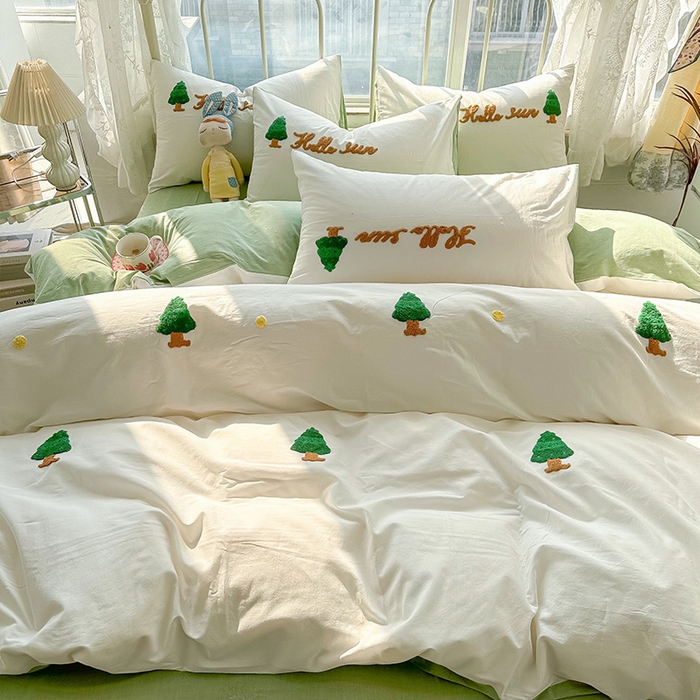 91家纺网 家纺一手货源 找家纺 （总）眠帛家居 2024新款水洗棉奶油小清新毛巾绣四件套早春系列