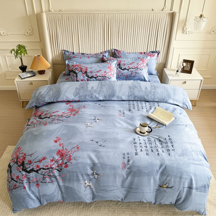 91家纺网 家纺一手货源 找家纺 优尚家纺 2025新款亲肤磨毛新国风大版系列四件套 水墨梅亭