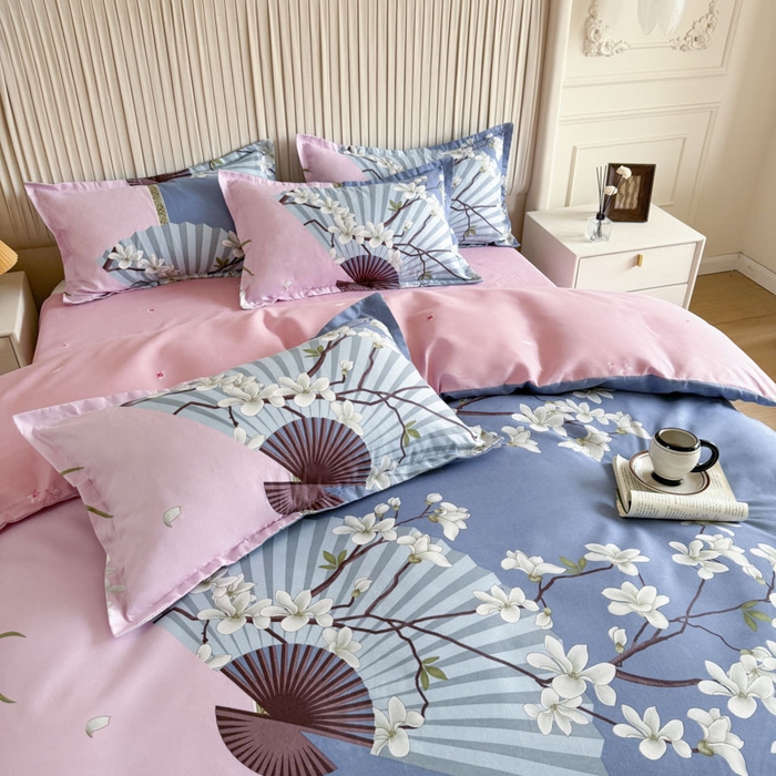 91家纺网 家纺一手货源 找家纺 优尚家纺 2025新款亲肤磨毛新国风大版系列四件套 柔逸扇花