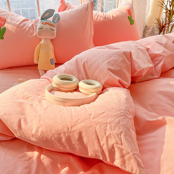 91家纺网 家纺一手货源 找家纺 眠帛家居 2024新款水洗棉奶油小清新毛巾绣四件套早春系列 郁金香奶油粉