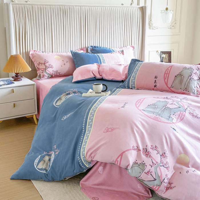 91家纺网 家纺一手货源 找家纺 优尚家纺 2025新款亲肤磨毛新国风大版系列四件套 静黛梅芳