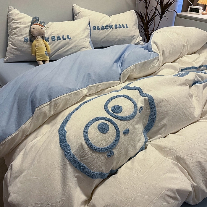 91家纺网 家纺一手货源 找家纺 眠帛家居 2024新款水洗棉毛巾绣四件套-煤球系列 天空蓝