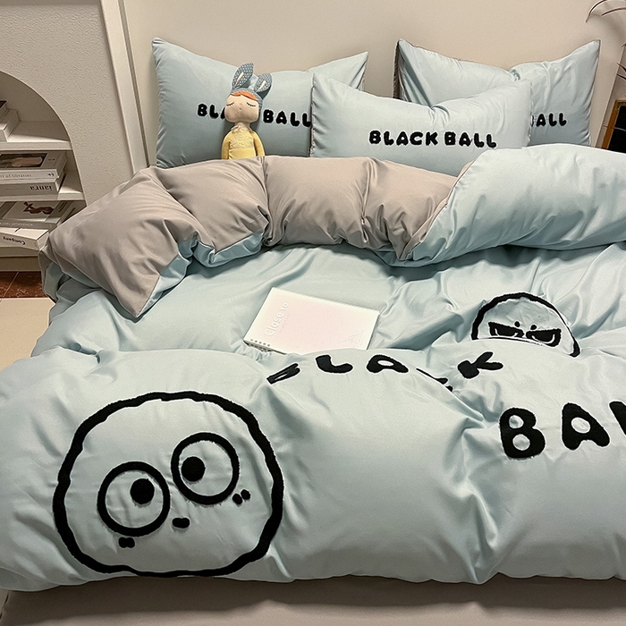 91家纺网 家纺一手货源 找家纺 眠帛家居 2024新款水洗棉毛巾绣四件套-煤球系列 繁星蓝-灰