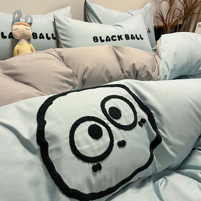 91家纺网 家纺一手货源 找家纺 眠帛家居 2024新款水洗棉毛巾绣四件套-煤球系列 繁星蓝-灰