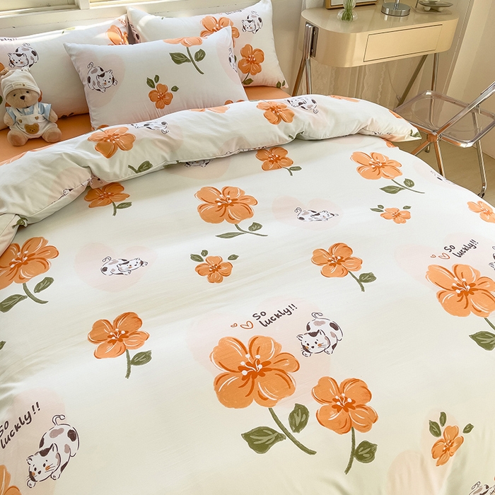 91家纺网 家纺一手货源 找家纺 乐萱家纺 2024新款水洗云朵棉被套小清新超柔印花单被套 爱心猫咪