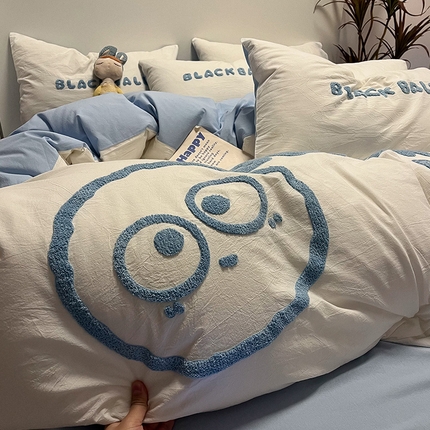 眠帛家居 2024新款水洗棉毛巾绣四件套-煤球系列 天空蓝