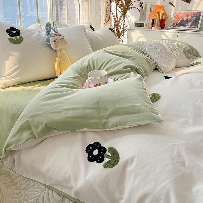 91家纺网 家纺一手货源 找家纺 眠帛家居 2024新款水洗棉奶油小清新毛巾绣四件套早春系列 朵朵奶油绿