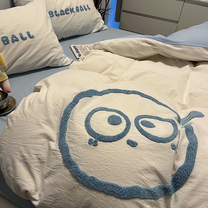 91家纺网 家纺一手货源 找家纺 眠帛家居 2024新款水洗棉毛巾绣四件套-煤球系列 天空蓝