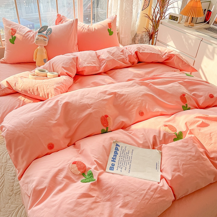 91家纺网 家纺一手货源 找家纺 眠帛家居 2024新款水洗棉奶油小清新毛巾绣四件套早春系列 郁金香奶油粉