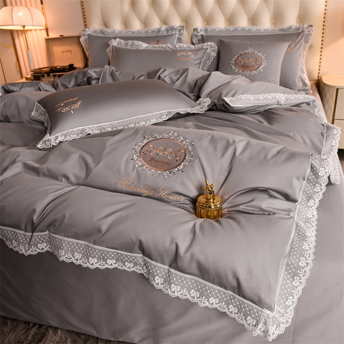 91家纺网 家纺一手货源 找家纺 瑞驰家纺 2024新款长绒棉爱丽丝公主四件套系列  精美法式轻奢风四件套系列 爱丽丝公主-浅灰