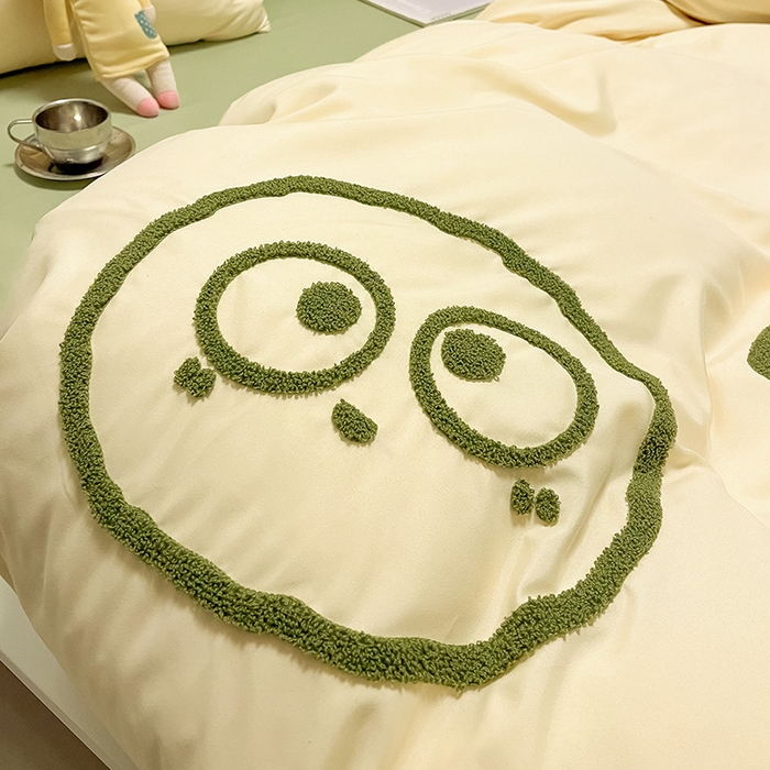 91家纺网 家纺一手货源 找家纺 眠帛家居 2024新款水洗棉毛巾绣四件套-煤球系列 奶黄-果绿