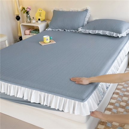 屹成家纺 2024新款PE高分子凉豆豆冰丝凉席床笠款 华夫格-蓝灰