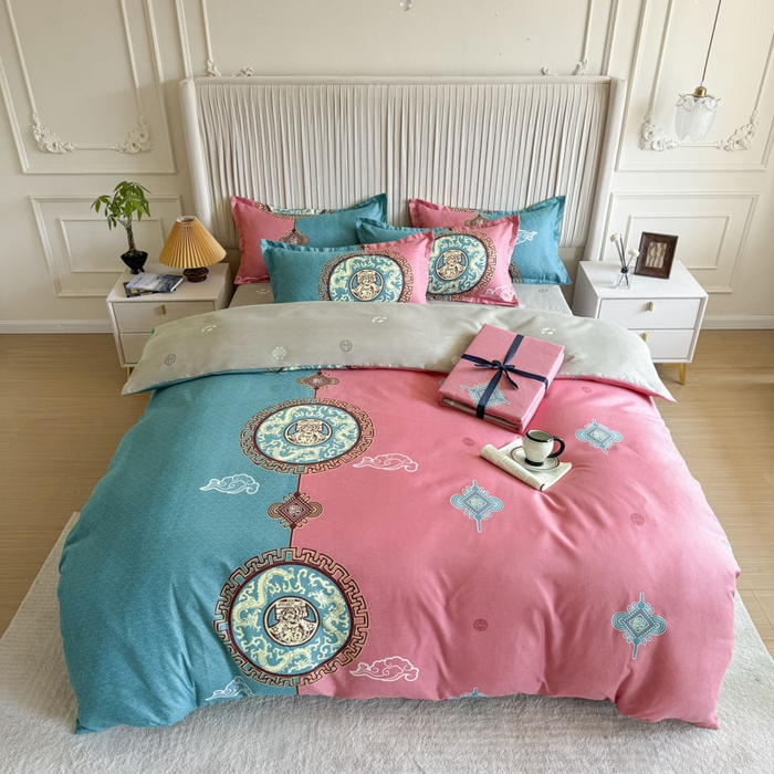 91家纺网 家纺一手货源 找家纺 优尚家纺 2025新款亲肤磨毛新国风大版系列四件套 福绿缘红