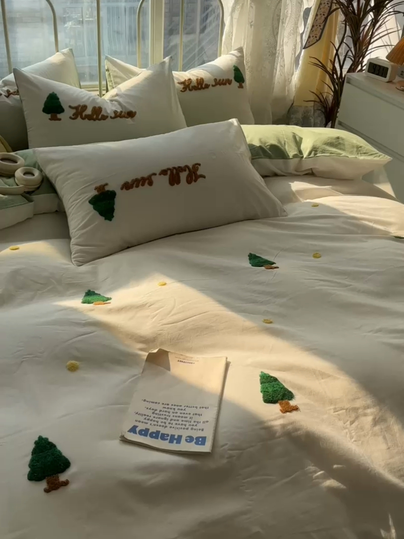 91家纺网 家纺一手货源 找家纺 眠帛家居 2024新款水洗棉奶油小清新毛巾绣四件套早春系列 圣诞树奶油绿