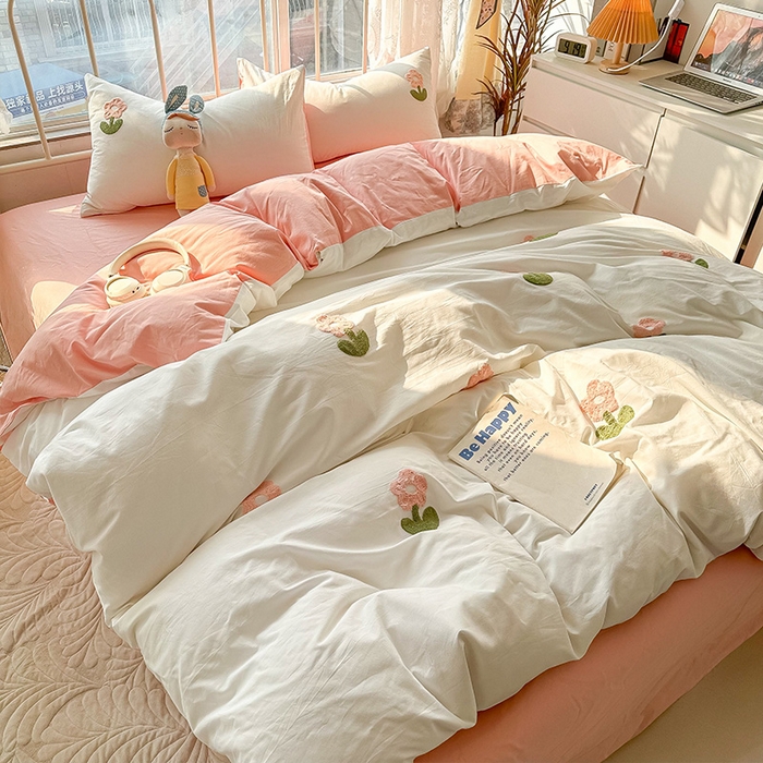 91家纺网 家纺一手货源 找家纺 眠帛家居 2024新款水洗棉奶油小清新毛巾绣四件套早春系列 朵朵奶油白