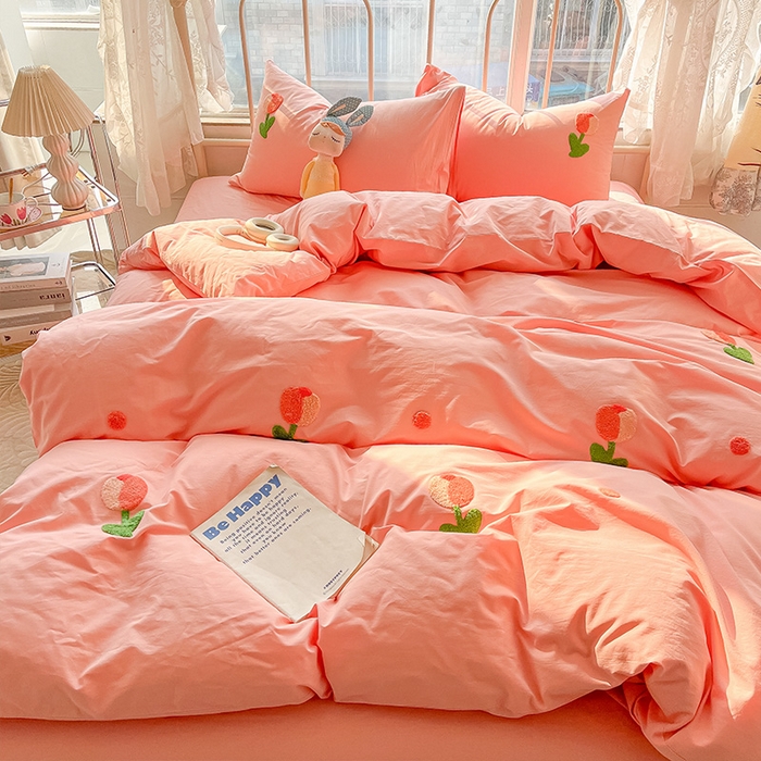 91家纺网 家纺一手货源 找家纺 眠帛家居 2024新款水洗棉奶油小清新毛巾绣四件套早春系列 郁金香奶油粉