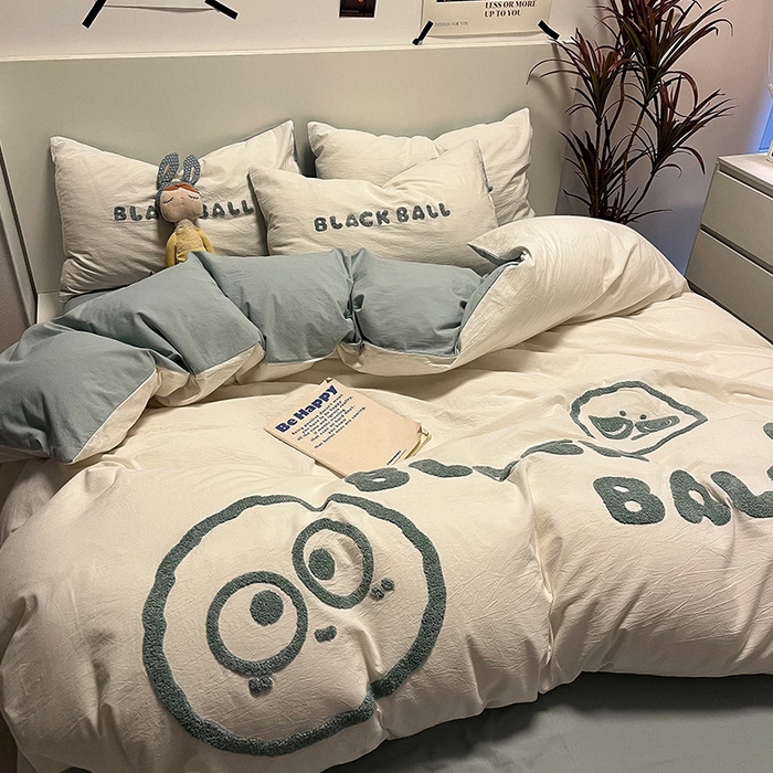 91家纺网 家纺一手货源 找家纺 眠帛家居 2024新款水洗棉毛巾绣四件套-煤球系列 繁星蓝