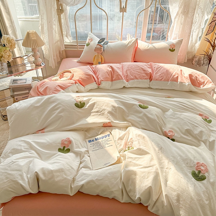 91家纺网 家纺一手货源 找家纺 眠帛家居 2024新款水洗棉奶油小清新毛巾绣四件套早春系列 朵朵奶油白