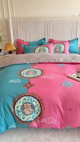 91家纺网 家纺一手货源 找家纺 优尚家纺 2025新款亲肤磨毛新国风大版系列四件套 福绿缘红