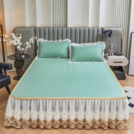 91家纺网 家纺一手货源 找家纺 家之硕家纺 2024新款夏款冰丝凉席床笠床裙可拆洗冰丝凉席 豆绿色