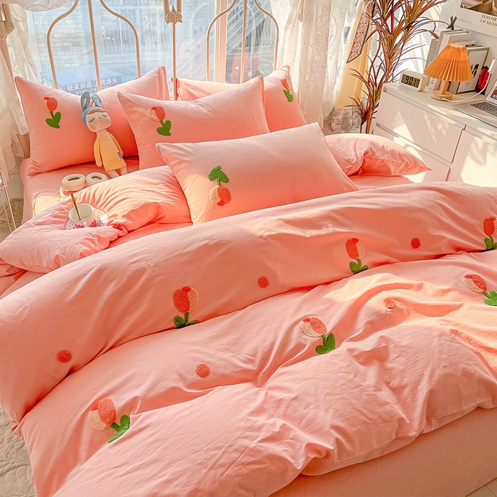 91家纺网 家纺一手货源 找家纺 眠帛家居 2024新款水洗棉奶油小清新毛巾绣四件套早春系列 郁金香奶油粉