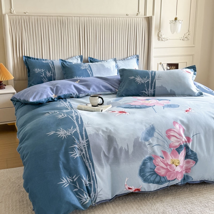 91家纺网 家纺一手货源 找家纺 优尚家纺 2025新款亲肤磨毛新国风大版系列四件套 清幽雅荷