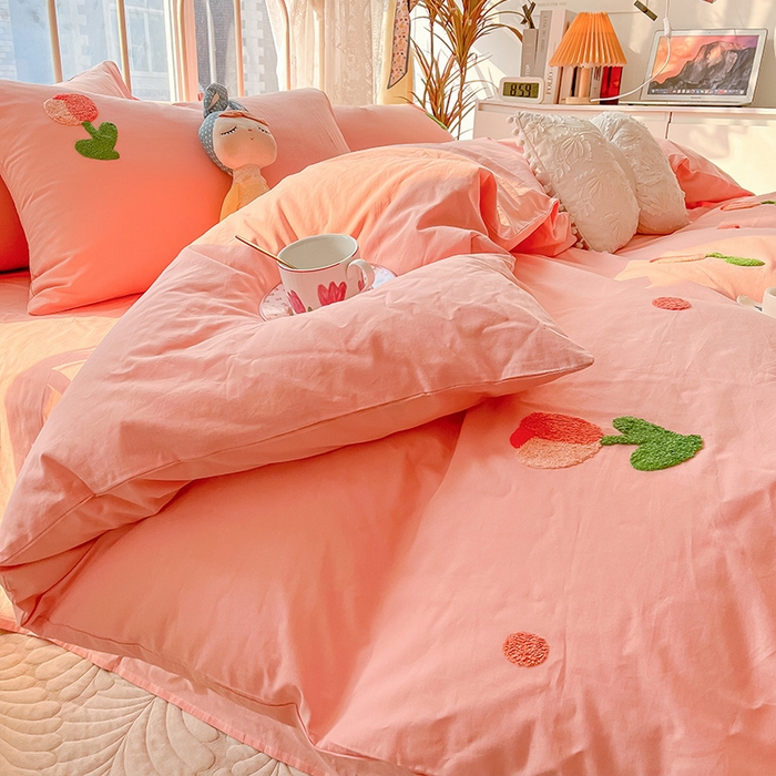 91家纺网 家纺一手货源 找家纺 眠帛家居 2024新款水洗棉奶油小清新毛巾绣四件套早春系列 郁金香奶油粉