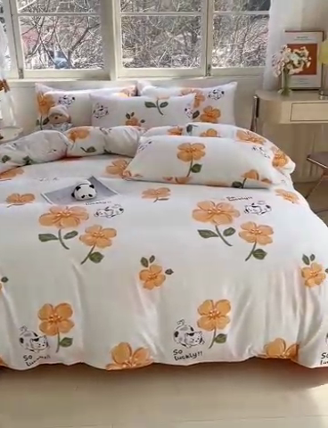 91家纺网 家纺一手货源 找家纺 乐萱家纺 2024新款水洗云朵棉被套小清新超柔印花单被套 爱心猫咪