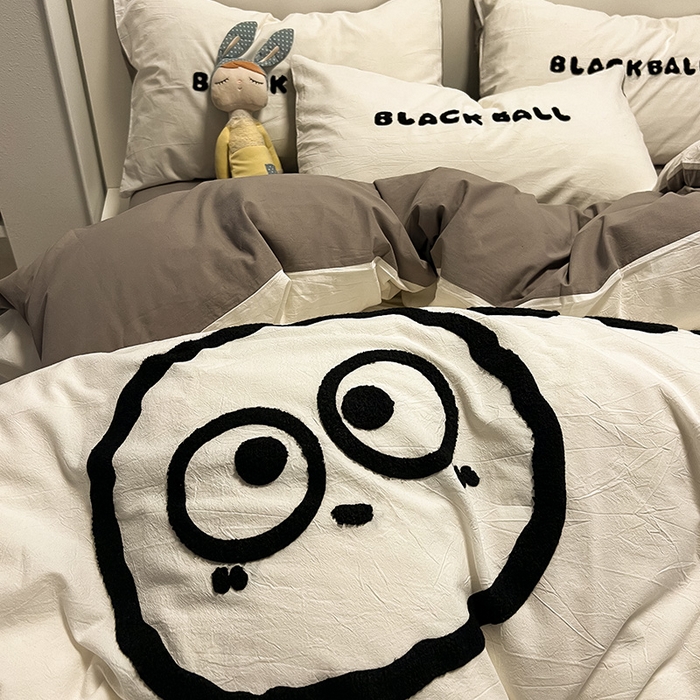 91家纺网 家纺一手货源 找家纺 眠帛家居 2024新款水洗棉毛巾绣四件套-煤球系列 浅灰