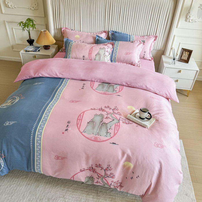 91家纺网 家纺一手货源 找家纺 优尚家纺 2025新款亲肤磨毛新国风大版系列四件套 静黛梅芳