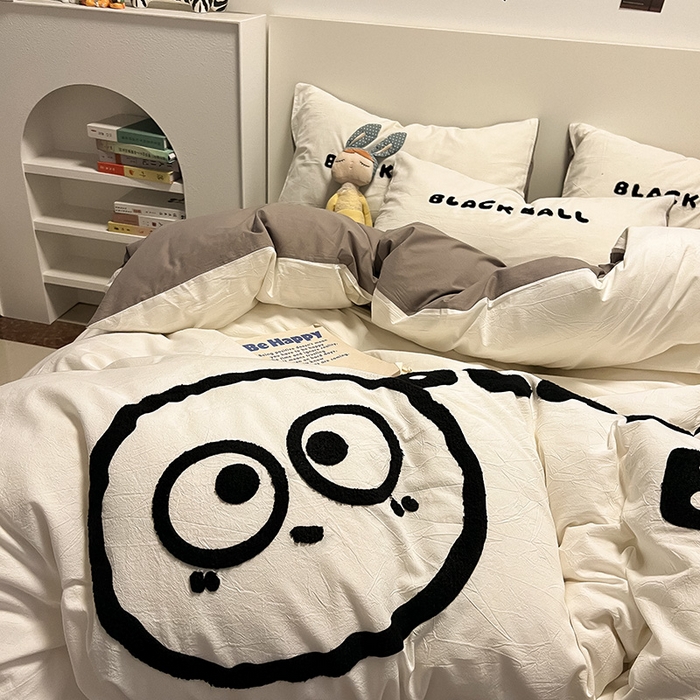 91家纺网 家纺一手货源 找家纺 眠帛家居 2024新款水洗棉毛巾绣四件套-煤球系列 浅灰