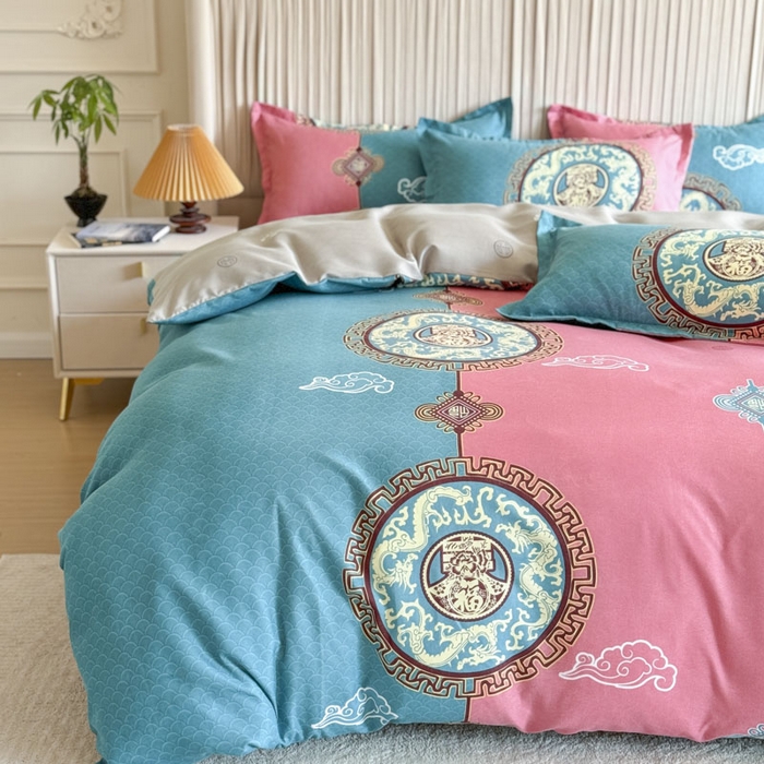 91家纺网 家纺一手货源 找家纺 优尚家纺 2025新款亲肤磨毛新国风大版系列四件套 福绿缘红