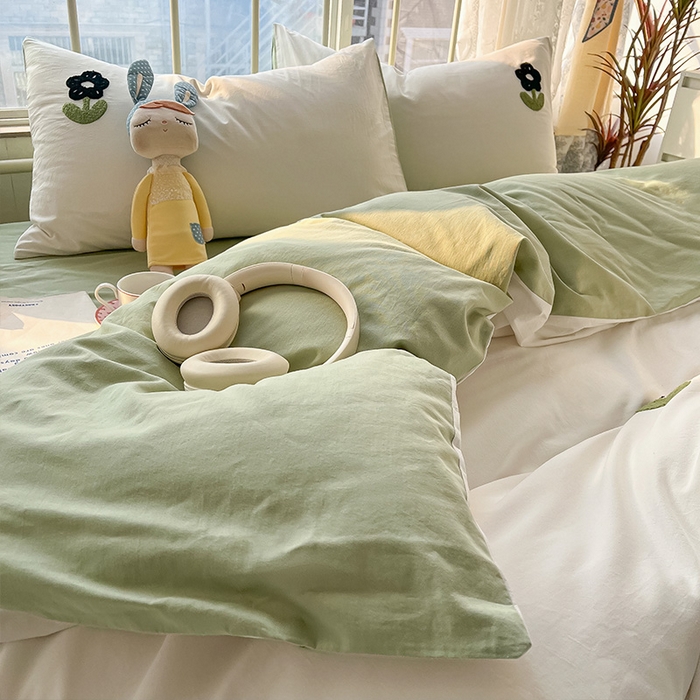 91家纺网 家纺一手货源 找家纺 眠帛家居 2024新款水洗棉奶油小清新毛巾绣四件套早春系列 朵朵奶油绿