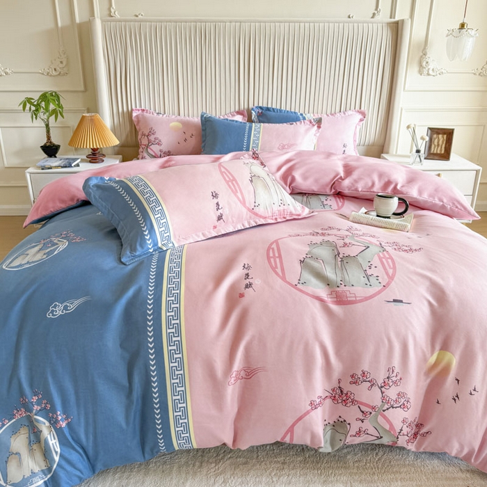 91家纺网 家纺一手货源 找家纺 优尚家纺 2025新款亲肤磨毛新国风大版系列四件套 静黛梅芳