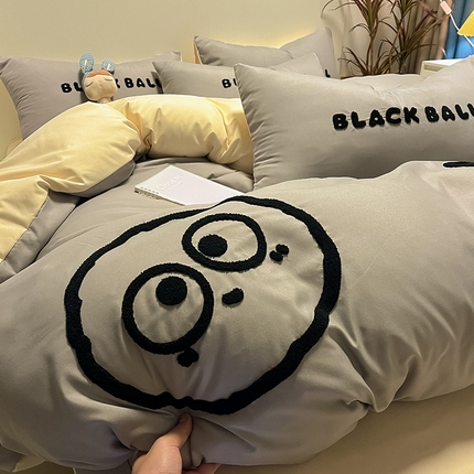 眠帛家居 2024新款水洗棉毛巾绣四件套-煤球系列 浅灰-奶黄