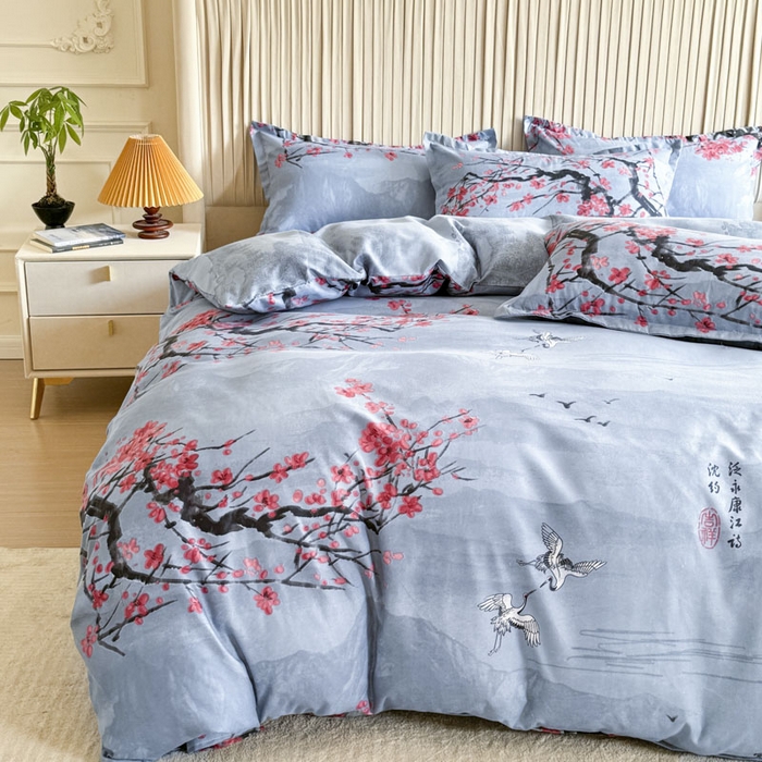 91家纺网 家纺一手货源 找家纺 优尚家纺 2025新款亲肤磨毛新国风大版系列四件套 水墨梅亭