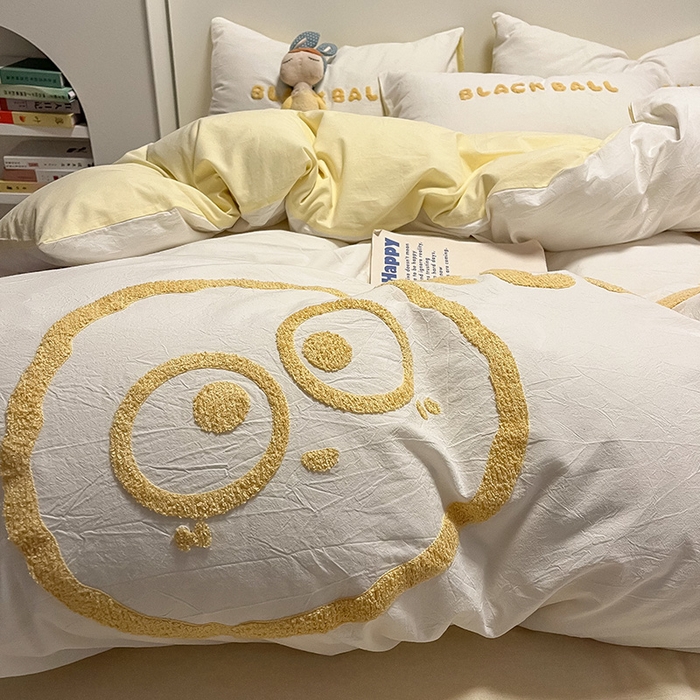 91家纺网 家纺一手货源 找家纺 眠帛家居 2024新款水洗棉毛巾绣四件套-煤球系列 奶黄