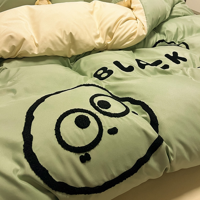 91家纺网 家纺一手货源 找家纺 眠帛家居 2024新款水洗棉毛巾绣四件套-煤球系列 果绿-奶黄