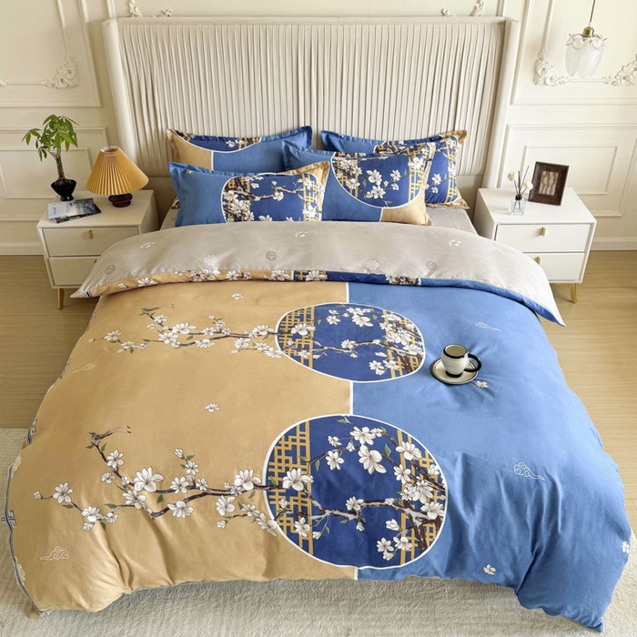 91家纺网 家纺一手货源 找家纺 优尚家纺 2025新款亲肤磨毛新国风大版系列四件套 碧金海棠