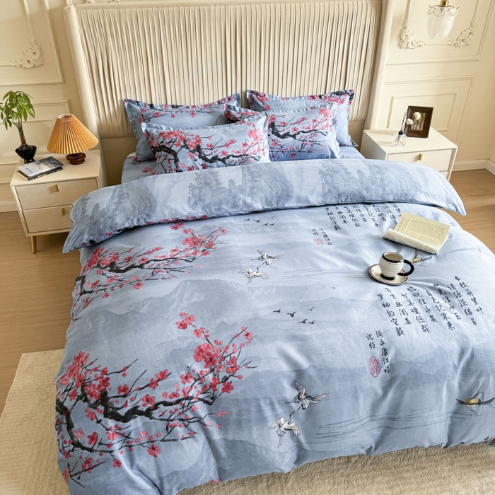 91家纺网 家纺一手货源 找家纺 优尚家纺 2025新款亲肤磨毛新国风大版系列四件套 水墨梅亭