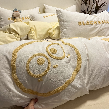 眠帛家居 2024新款水洗棉毛巾绣四件套-煤球系列 奶黄