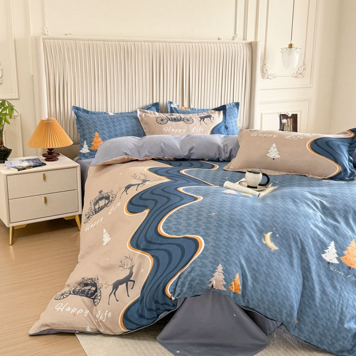 91家纺网 家纺一手货源 找家纺 优尚家纺 2025新款亲肤磨毛新国风大版系列四件套 金碧鹿影