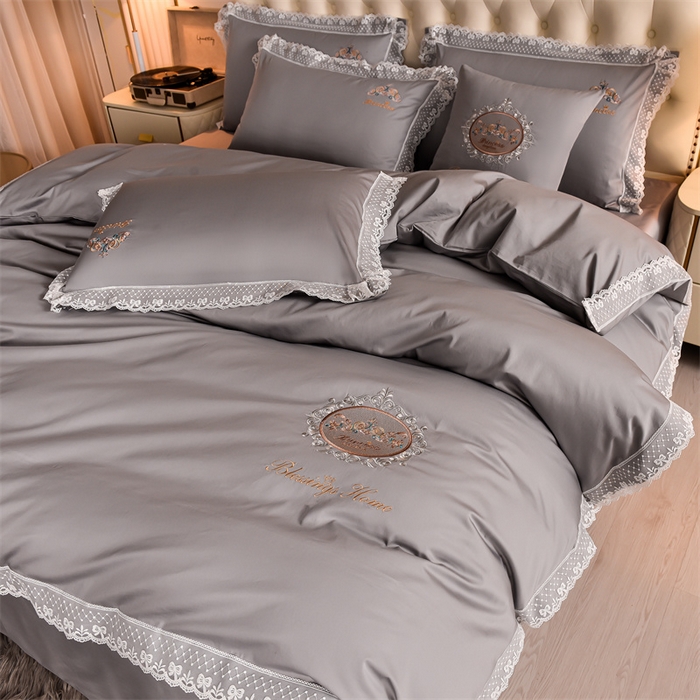 91家纺网 家纺一手货源 找家纺 瑞驰家纺 2024新款长绒棉爱丽丝公主四件套系列  精美法式轻奢风四件套系列 爱丽丝公主-浅灰