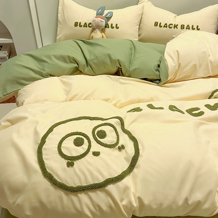 91家纺网 家纺一手货源 找家纺 眠帛家居 2024新款水洗棉毛巾绣四件套-煤球系列 奶黄-果绿