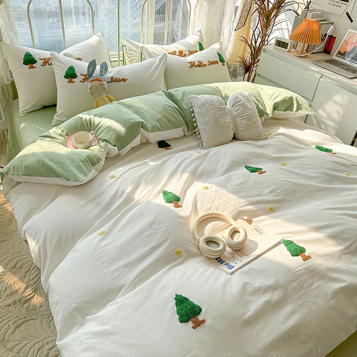 91家纺网 家纺一手货源 找家纺 眠帛家居 2024新款水洗棉奶油小清新毛巾绣四件套早春系列 圣诞树奶油绿