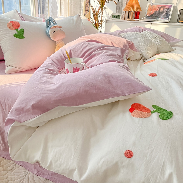 91家纺网 家纺一手货源 找家纺 眠帛家居 2024新款水洗棉奶油小清新毛巾绣四件套早春系列 郁金香奶油紫